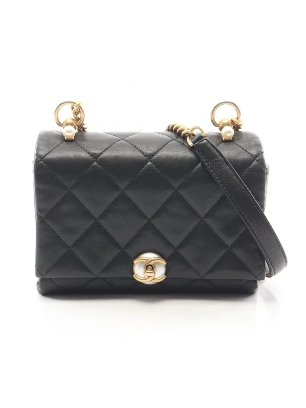 Chanel Shoulder Bag Quilted Black Lambskin Coco Pearl Mini Chain